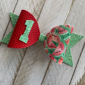 One in a Melon Hair Bow, Clip, Headband, or Hair Tie, Watermelon Birthday Bow, Red, Pink and Green