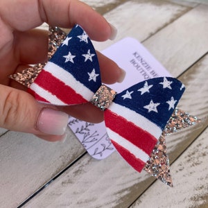 Patriotic Stars and Stripes Glitter Hair Bow Red White and Blue Hair Clip, Memorial Day, 4th of July Headband