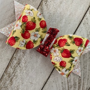 Strawberry Hair Bow, Berry 1st Birthday, Glitter Bow, Hair Clip or Headband