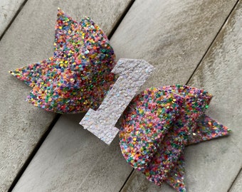 Rainbow Sparkles Birthday Hair Bow, Clip, Headband, or Hair Tie, 1st, 2nd, 3rd, Smash Cake Photo Prop, Rainbow Baby Bow