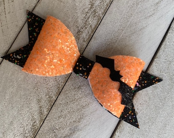 Halloween Bat Hair Clip or Headband, Orange and Black Hair Bow