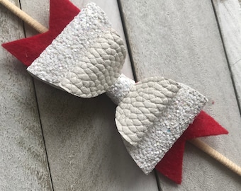 Valentines Hair Bow, Red and White Bow Headband or Clip.