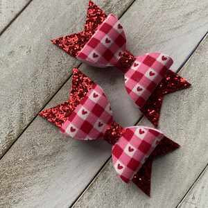 Pink and Red Hearts Hair Bow Pig Tails, Plaid Valentines Hair Bows, Hair Clips