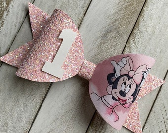 Pink Minnie Mouse Hair Bow With or Without Number Minnie Mouse Birthday Headband Toddler Hair Bow Baby Bow Headband