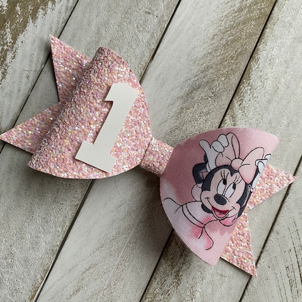 Noeud pour cheveux Minnie Mouse rose avec ou sans numéro Bandeau d'anniversaire Minnie Mouse Noeud pour cheveux pour tout-petits Bandeau pour bébé