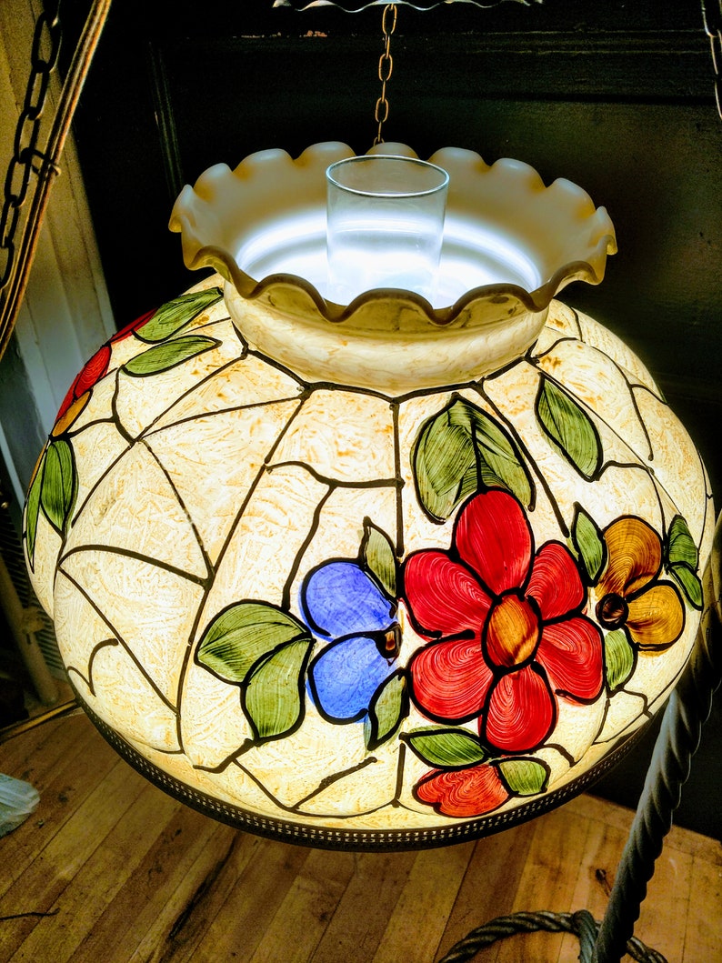 Vintage Hand Painted Milk Glass Hanging Lamp Etsy