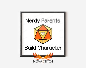 Nerdy Parents Build Character - D20 Heart - D&D - Geek Cross Stitch Ornament