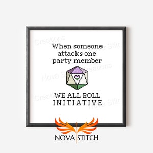 When someone attacks one party member, we all roll initiative! - Genderqueer D20 Dice Pride - LGBTQ+ Cross Stitch Pattern