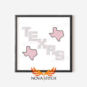 May include: A framed print featuring the word "TEXAS" spelled out with a pixelated design, along with three pink Texas state outlines. The print is set against a white background, with the Nova Stitch logo at the bottom.