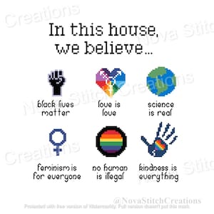 May include: A white background with the text "In this house, we believe..." and six pixel art images. The images are a black fist with the text "Black lives matter", a rainbow heart with the text "Love is love", a green globe with the text "Science is real", a female symbol with the text "Feminism is for everyone", a rainbow circle with the text "No human is illegal", and a blue hand with a rainbow heart with the text "Kindness is everything."