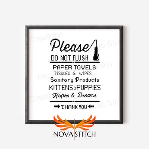 Pode incluir: Um sinal preto e branco com o texto "Por favor, não descarte no vaso sanitário: toalhas de papel, lenços de papel e toalhetes, produtos sanitários, gatinhos e filhotes, esperanças e sonhos. Obrigado".