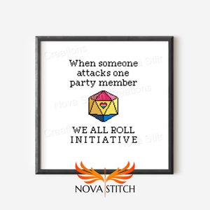 When someone attacks one party member, we all roll initiative! - Pansexual D20 Dice Pride - LGBTQ+ Cross Stitch Pattern