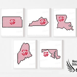 Puede incluir: Conjunto de cinco patrones de punto de cruz que representan los estados de Misuri, Kentucky, Luisiana, Maine y Maryland. Cada estado está delineado en negro y relleno con un patrón floral rojo y blanco. El centro de cada estado presenta una rosa roja.
