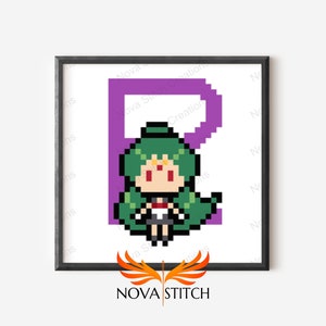 以下が含まれることがあります： 緑色の髪のキャラクターが紫色の文字Rを背負っている、ピクセルアートのクロスステッチパターン。キャラクターは白黒の衣装を着ており、頭に王冠をかぶっています。