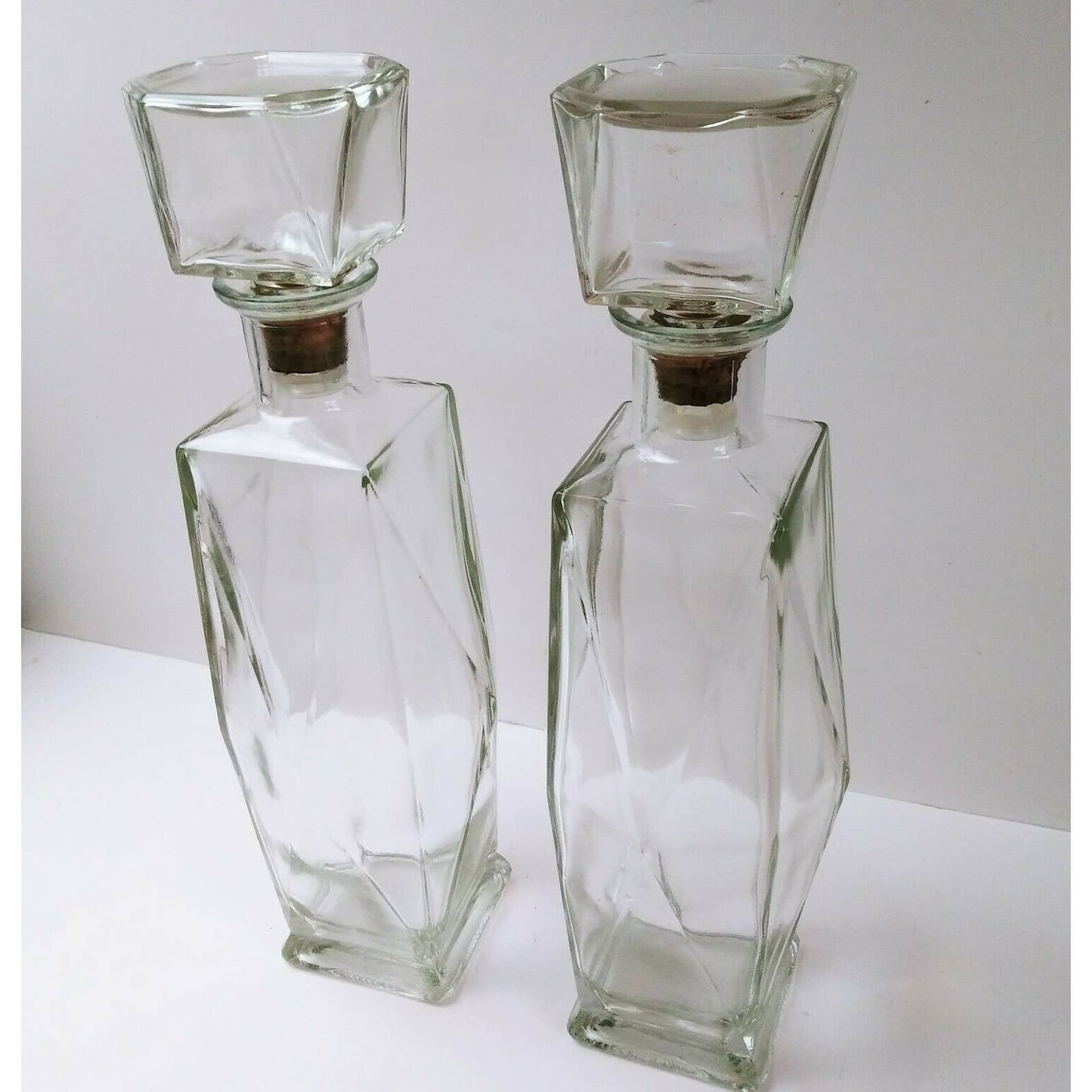Vintage Liquor Decanter Cut Glass Tall Cork Set Of 2 Barware Etsy