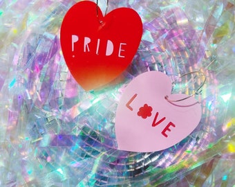 Pride and Love Heart Earrings, LGBTQ+, Queer, Mardi Gras Mismatched Acrylic Dangly Earrings