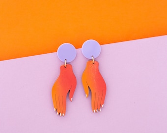 Hand Painted Hand Earrings - Flame Orange