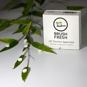 May include: A white box with the text "Brush Fresh" and "UK Dentist Approved Fluoride Toothpaste Tablets". The box is sitting on a white surface with a green branch with white tablets on the leaves.