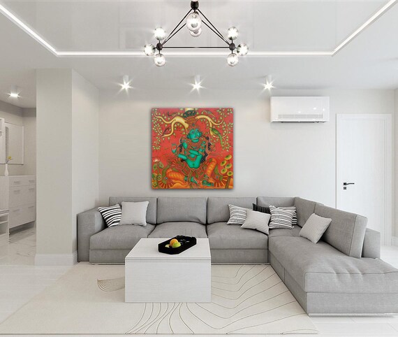 Large Painting Of Lord Krishna Wall Art In Indian Kerala Mural Decor For Living Room Or Office