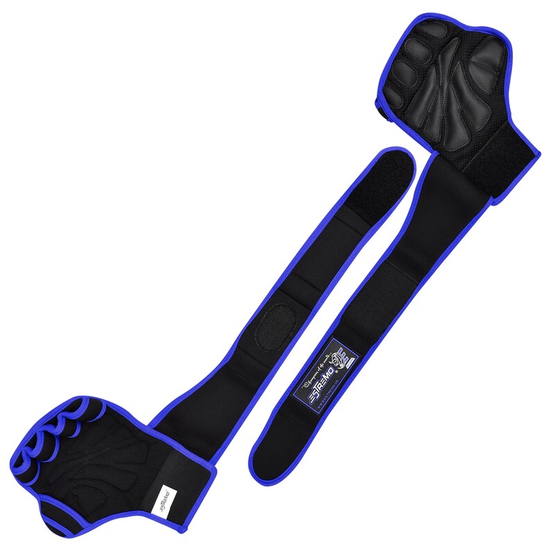 May include: A pair of black and blue weightlifting gloves with a wrist strap. The gloves have a textured palm and fingertip padding. The wrist strap has a blue trim and a black label with the text "Extreme Performance" in white.