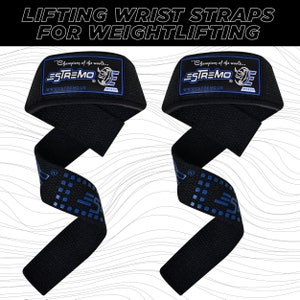 May include: A pair of black weightlifting wrist straps with blue accents. The straps have the text "Champions of the world... ESTREMO" printed on them.