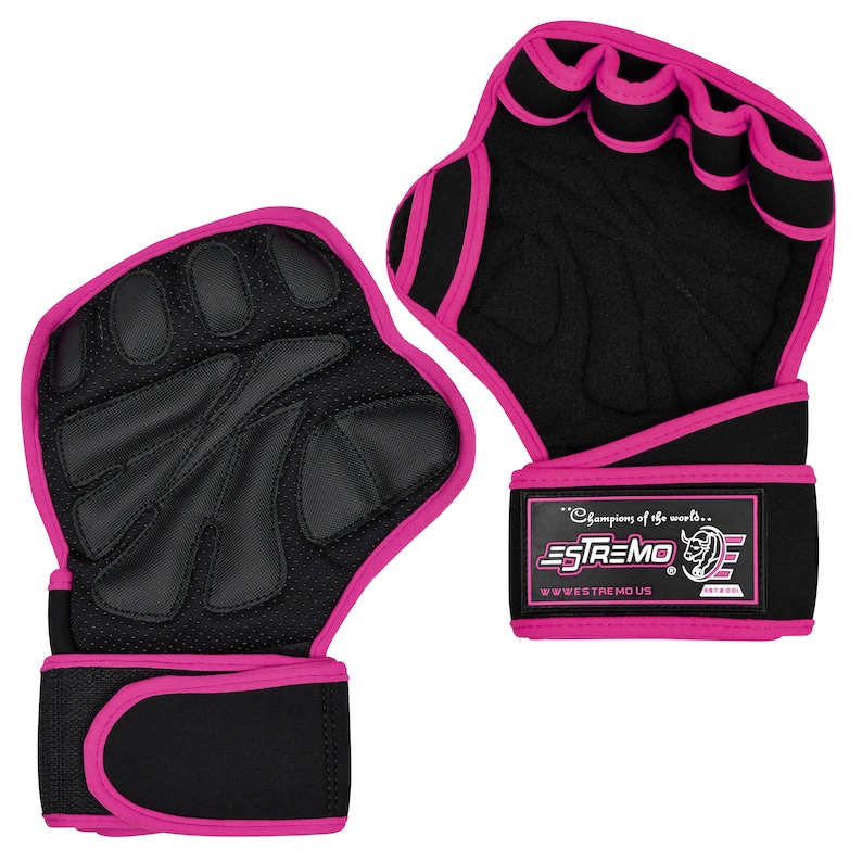 May include: A pair of black weightlifting gloves with pink trim. The gloves have a textured palm and fingertip padding. The wrist strap is adjustable and has the text "Champions of the world... ESTREMO" printed on it.
