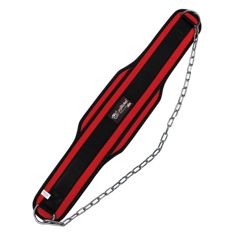 Puede incluir: Cintur&oacute;n de levantamiento de pesas rojo y negro con una cadena adjunta. El cintur&oacute;n tiene el texto "EXTREME" impreso en &eacute;l.