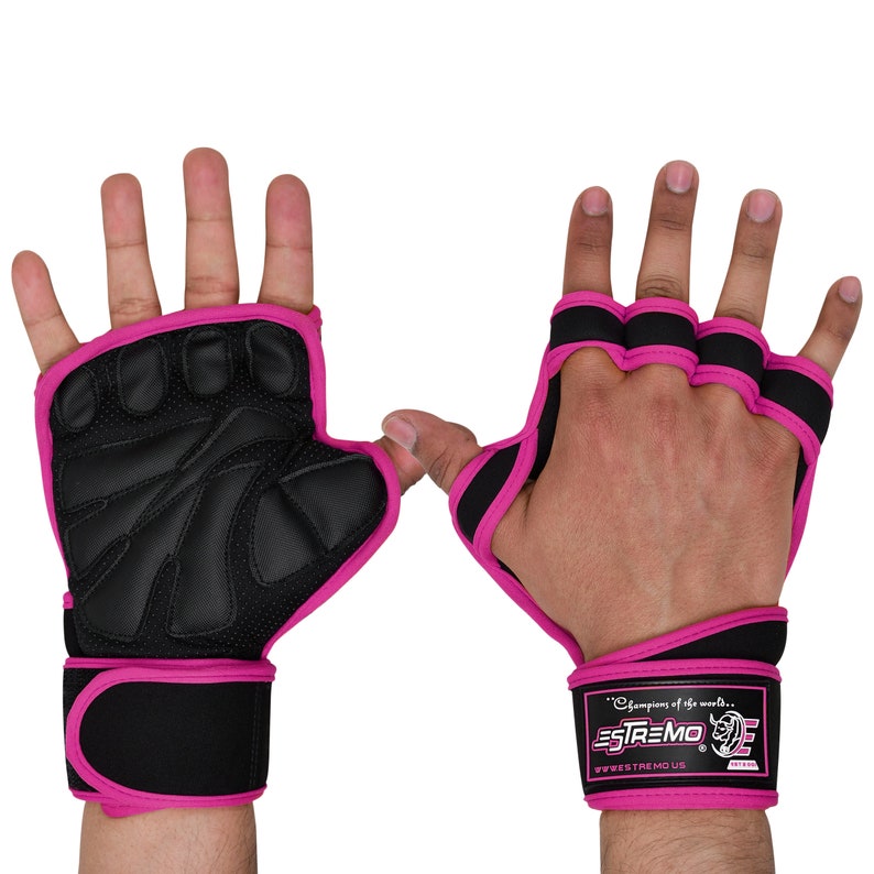 May include: Pink and black weightlifting gloves with a wrist strap. The gloves have a textured palm and finger holes. The wrist strap has the text "Estremo" and "Champions of the world" printed on it.
