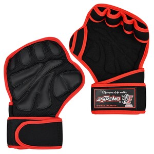 May include: A pair of black workout gloves with red trim. The gloves have a textured palm and fingertip padding. The wrist strap has the text "Champions of the world... ESTREMO" with a bull logo and the website "www.estremo.us".