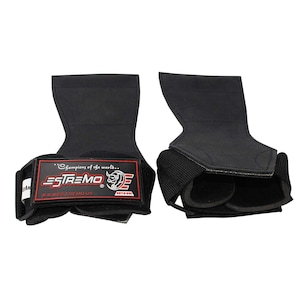 May include: A pair of black weightlifting straps with a red logo that says "ESTREM" and "Champions of the world".