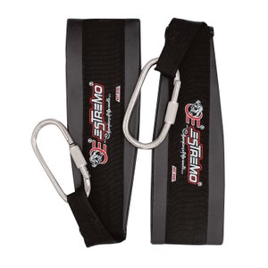 May include: A pair of black weightlifting straps with silver carabiners. The straps have the text "ESTREMO" in red and white with the words "Champions of the world" in smaller text. The straps are labeled "EST. 200".