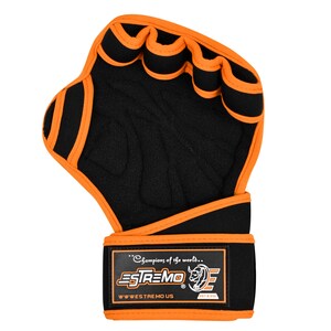 May include: Orange and black weightlifting gloves with a wrist strap. The gloves have a black palm with orange stitching and the wrist strap has the text "...champions of the world... ESTREMO" with a bull logo and the text "WWW.ESTREMO.US EST.2001".