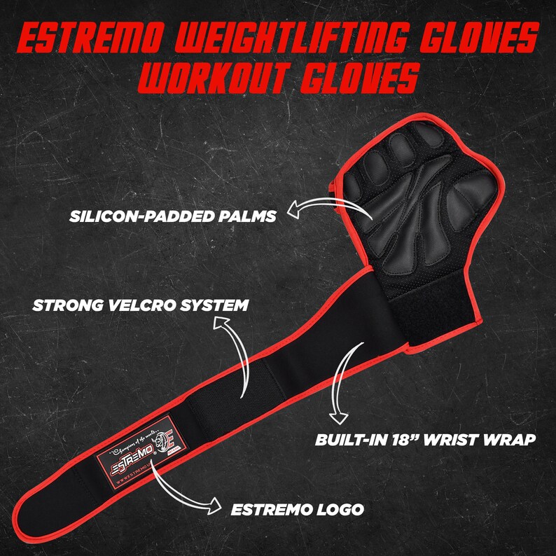 May include: Black weightlifting gloves with red trim and a built-in 18-inch wrist wrap. The gloves have silicon-padded palms and a strong velcro system. The gloves feature the "ESTREMO" logo.