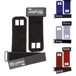 May include: Set of three pairs of black, blue, and red weightlifting wrist straps with velcro closures. Each strap has two holes for fingers and the brand name "ESTREM" printed on the strap.