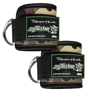 May include: A pair of black ankle straps with camouflage print and a silver metal ring. The straps have a green label with the text "Champions of the world... ESTREMO WWW.ESTREMO.US EST.2001"