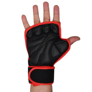 May include: Black weightlifting gloves with red trim and a wrist strap. The gloves have finger holes and a textured palm.