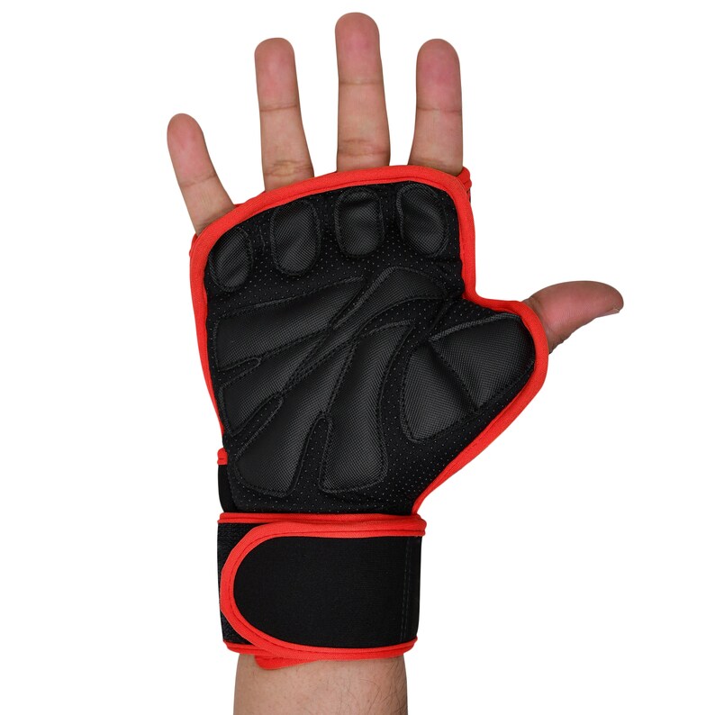 May include: Black weightlifting gloves with red trim and a wrist strap. The gloves have finger holes and a textured palm.