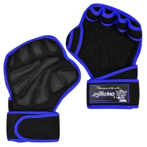 May include: A pair of black weightlifting gloves with blue trim and padding. The gloves have a textured palm and fingertip grips. The wrist straps are adjustable and have the text "Champions of the world... ESTREMO" printed on them.