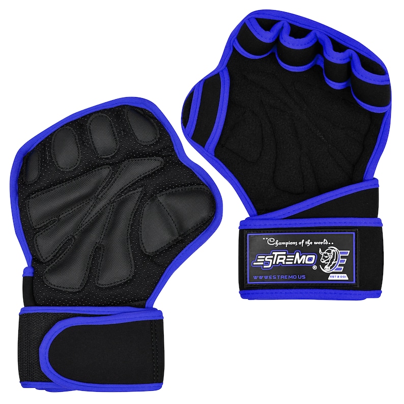 May include: A pair of black weightlifting gloves with blue trim and padding. The gloves have a textured palm and fingertip grips. The wrist straps are adjustable and have the text "Champions of the world... ESTREMO" printed on them.
