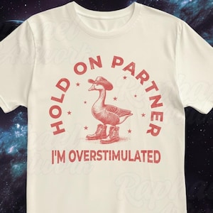 Hold On Partner I'm Overstimulated Vintage Shirt, Funny Cowboy Goose Tshirt, Oversized Western 90s Graphic Tee, Retro Weirdcore Meme Gift Natural