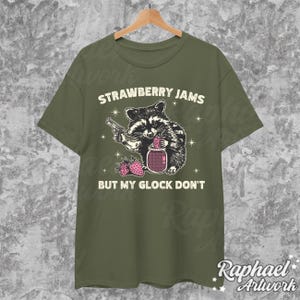 Vintage Strawberry Jams But My Glock Dont Shirt, Funny Racoon Shirt, Western Trash Panda Tshirt, Retro 90s Graphic Tee, Weirdcore Meme Military Green