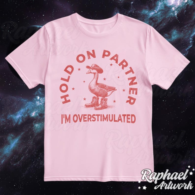 Hold On Partner I'm Overstimulated Vintage Shirt, Funny Cowboy Goose Tshirt, Oversized Western 90s Graphic Tee, Retro Weirdcore Meme Gift Light Pink