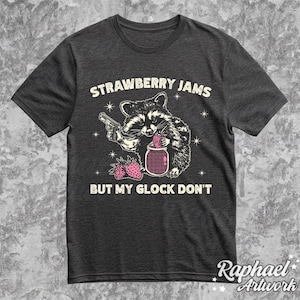 Vintage Strawberry Jams But My Glock Dont Shirt, Funny Racoon Shirt, Western Trash Panda Tshirt, Retro 90s Graphic Tee, Weirdcore Meme Dark Heather Grey