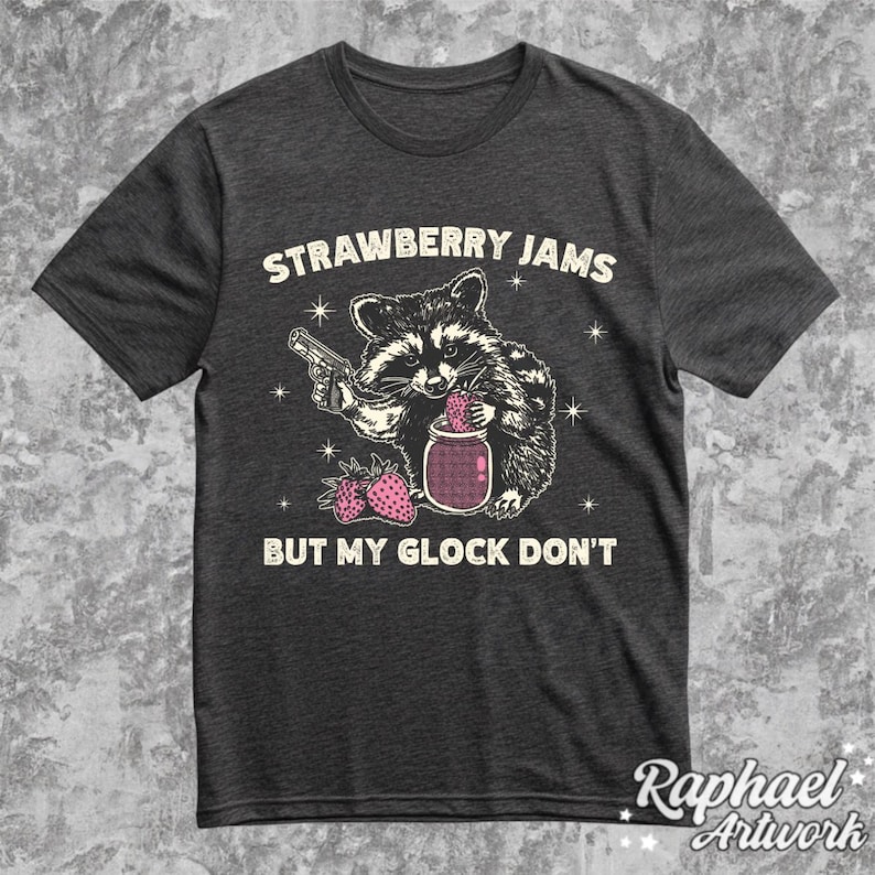 Vintage Strawberry Jams But My Glock Dont Shirt, Funny Racoon Shirt, Western Trash Panda Tshirt, Retro 90s Graphic Tee, Weirdcore Meme Dark Heather Grey