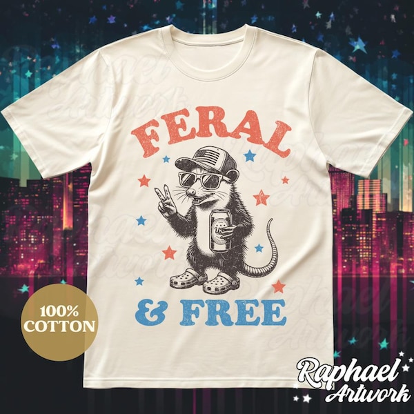 Feral But Free Trending Shirt, Vintage Patriotic Opossum 90s Graphic Tee, 4th of July Oversized T-Shirt, America USA, Red White and Blue