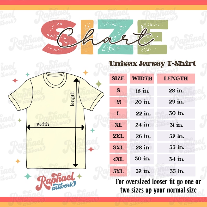 K&ouml;nnte beinhalten: Gr&ouml;&szlig;entabelle f&uuml;r ein Unisex-Jersey-T-Shirt. Die Tabelle zeigt die Breite und L&auml;nge in Zoll f&uuml;r die Gr&ouml;&szlig;en S bis 5XL. F&uuml;r eine lockere Passform, gehen Sie eine oder zwei Gr&ouml;&szlig;en &uuml;ber Ihrer normalen Gr&ouml;&szlig;e.