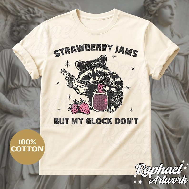 Vintage Strawberry Jams But My Glock Dont Shirt, Funny Racoon Shirt, Western Trash Panda Tshirt, Retro 90s Graphic Tee, Weirdcore Meme Natural