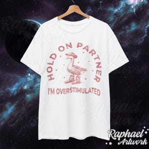 Hold On Partner I'm Overstimulated Vintage Shirt, Funny Cowboy Goose Tshirt, Oversized Western 90s Graphic Tee, Retro Weirdcore Meme Gift White