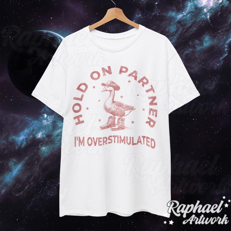 Hold On Partner I'm Overstimulated Vintage Shirt, Funny Cowboy Goose Tshirt, Oversized Western 90s Graphic Tee, Retro Weirdcore Meme Gift White