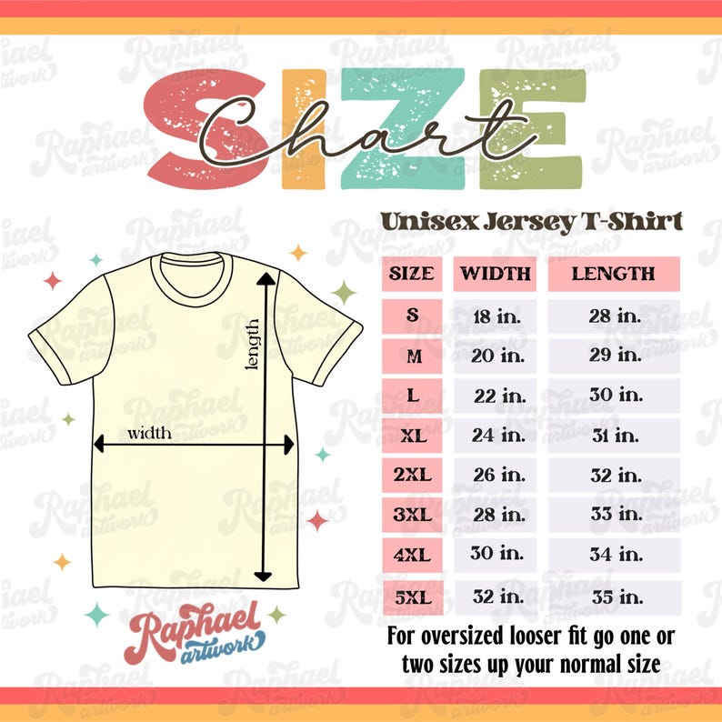 May include: Size chart for a unisex jersey t-shirt. The chart shows the width and length in inches for sizes S through 5XL.